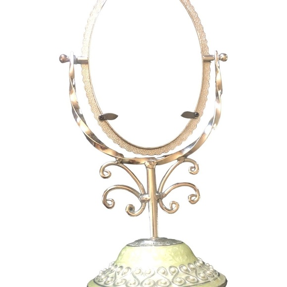 VTG Small Counter Flip Mirror Oval On Stand Pearl Embellished Green Marble Base - Picture 5 of 5